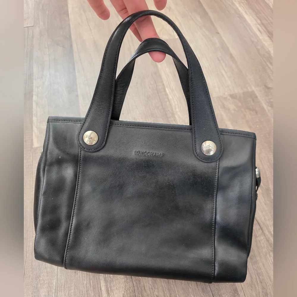 Longchamp Black Leather Handbag Tote Satchel Y2K Business Designer Bag Witchy